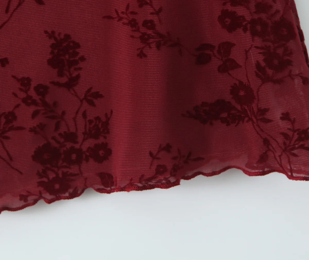 Luxury Wine Red Flocked Flower Mesh Mini Dress