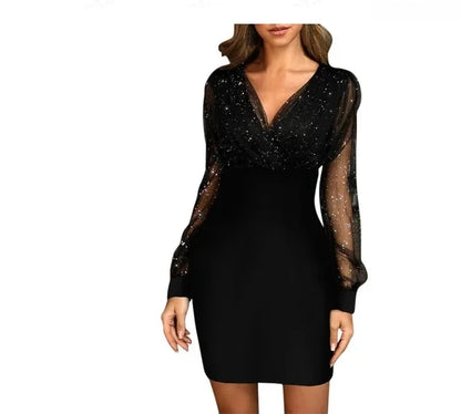 V-Neck Sequin Gauze Dress