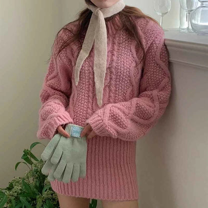 Autumn and Winter Women's Sweater Set Elegant Round Neck Pullover, Long-sleeved Top and Knee Skirt Knitted Two-piece Set.