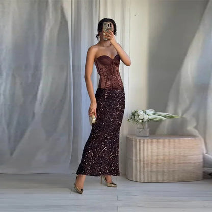 Elegant Sleeveless Backless Vest Hip Package Maxi Skirts Suit