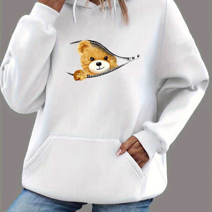 Zipper Bear Print Teddy Fleece Lined Sweatshirt