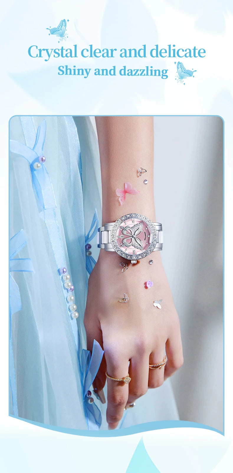 ROMITIME Women Quartz Watch Luxury Butterfly Pattern Rhinestone-Encrusted Bezel Stainless Steel Case 30M Waterproof Watches Lady