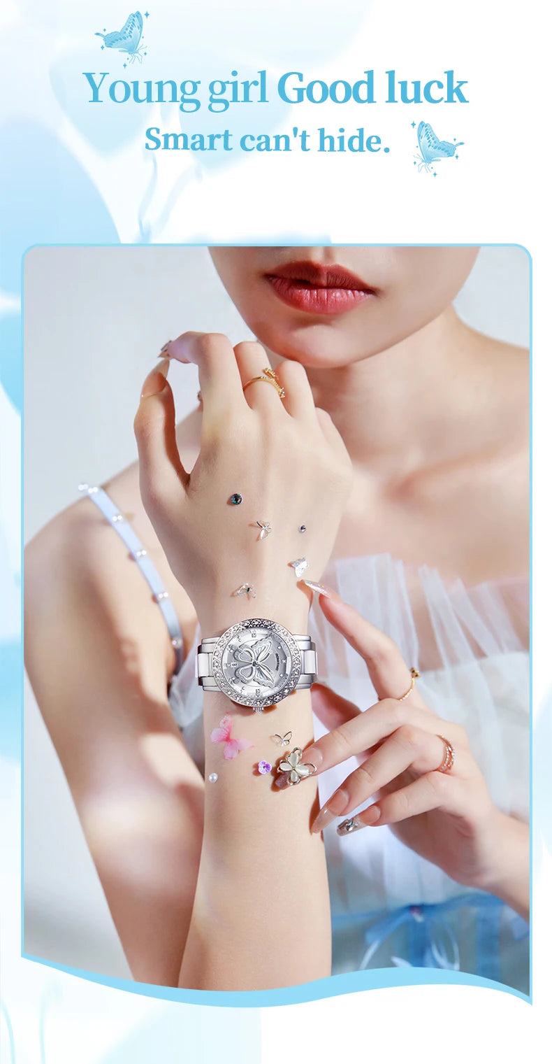 ROMITIME Women Quartz Watch Luxury Butterfly Pattern Rhinestone-Encrusted Bezel Stainless Steel Case 30M Waterproof Watches Lady