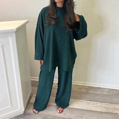 2025 Winter Two Piece Sets Women Clothing Autumn Fashion Casual Solid Round Neck Pullover Loose Pit Knitted Sweater Pants Suits1