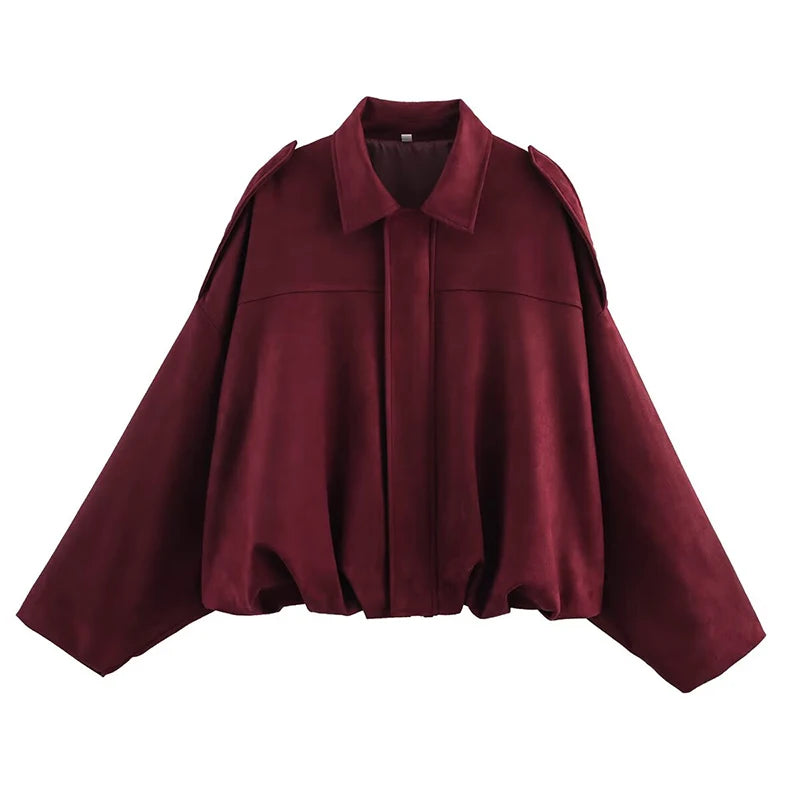 RAFZNB Women's Bomber Jackets Coats Fashion Turn-down Collar Long Sleeve Loose Coats Vintage Female Outerwear Chic Tops