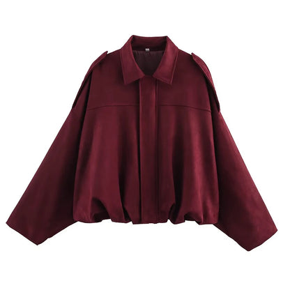 RAFZNB Women's Bomber Jackets Coats Fashion Turn-down Collar Long Sleeve Loose Coats Vintage Female Outerwear Chic Tops