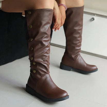 Retro Rivet Low Heel High Tube Motorcycle Boots