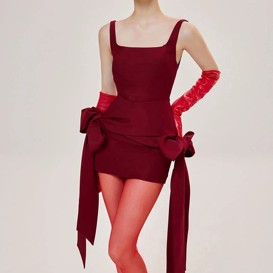 Red Sleeveless Backless Bow Dress