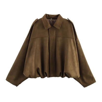 RAFZNB Women's Bomber Jackets Coats Fashion Turn-down Collar Long Sleeve Loose Coats Vintage Female Outerwear Chic Tops