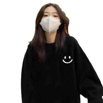 Smiley Face Print Teddy Fleece Lined Sweatshirt