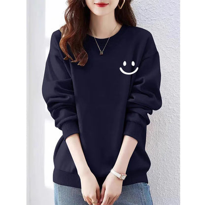 Smiley Face Print Teddy Fleece Lined Sweatshirt
