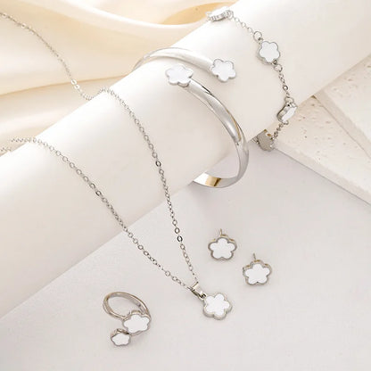 5pcs Lucky Five-petal Flower Women's Jewelry Set, Fashion Flower Bracelet + Necklace + Earrings + Bracelet + Ring Set, Birthday