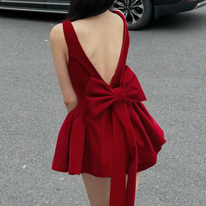 Red Sleeveless Backless Bow Dress