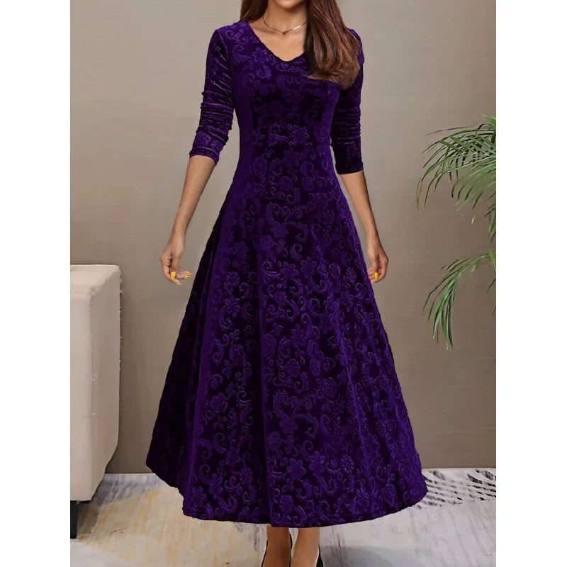 Elegant Velvet Midi Dress – Round Neck Long Sleeve Knee-Length Dress