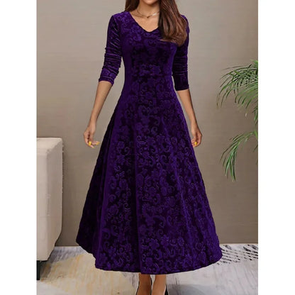 Elegant Velvet Midi Dress – Round Neck Long Sleeve Knee-Length Dress
