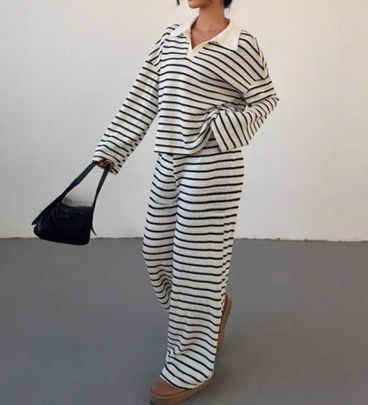 Women’s Knitted Striped Shirt & Pants Set – Casual Loose Fit