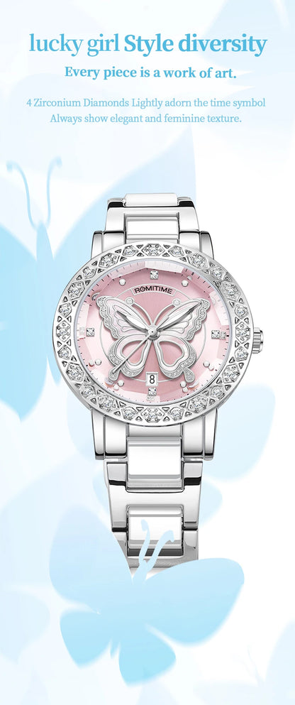 ROMITIME Women Quartz Watch Luxury Butterfly Pattern Rhinestone-Encrusted Bezel Stainless Steel Case 30M Waterproof Watches Lady