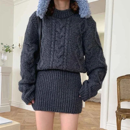 Autumn and Winter Women's Sweater Set Elegant Round Neck Pullover, Long-sleeved Top and Knee Skirt Knitted Two-piece Set.