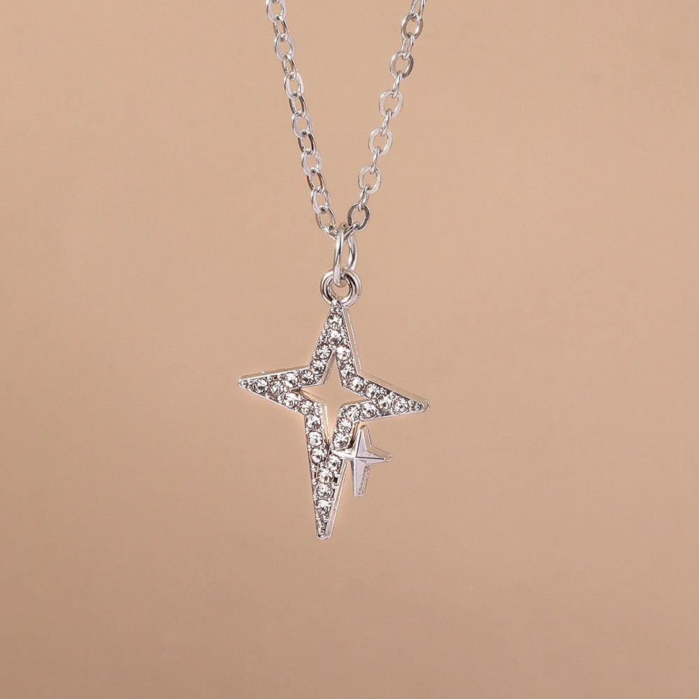 Aihua Exquisite Y2K Silver Color Crystal Sun Moon Star Necklaces for Women Korean Temperament Clavicle Chain Jewelry Gifts