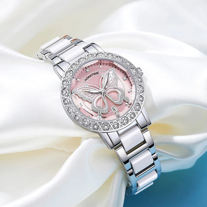 ROMITIME Women Quartz Watch Luxury Butterfly Pattern Rhinestone-Encrusted Bezel Stainless Steel Case 30M Waterproof Watches Lady