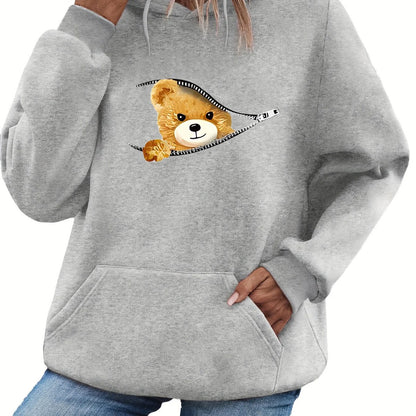 Zipper Bear Print Teddy Fleece Lined Sweatshirt