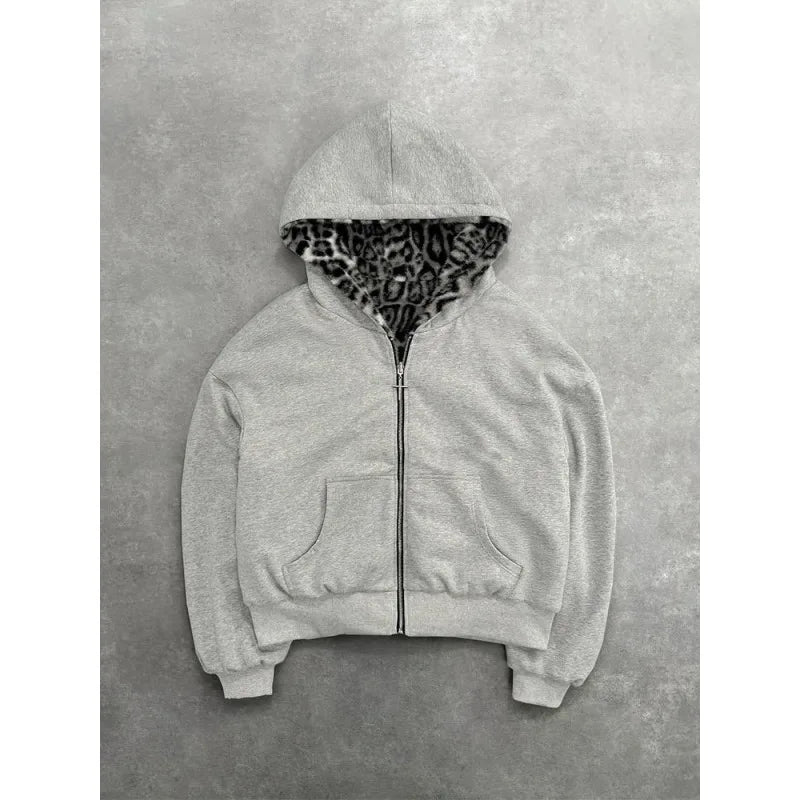 2025 European and American new autumn and winter collection hooded sweatshirt with reversible retro leopard print zipper hoodie