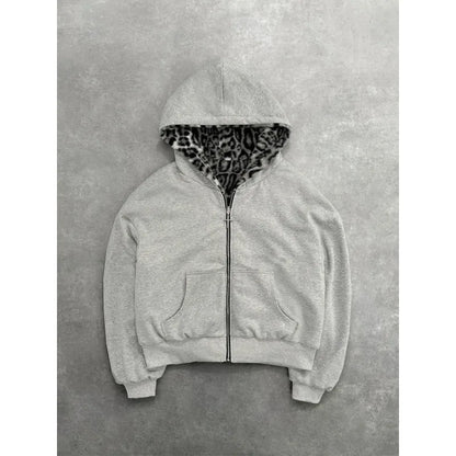 2025 European and American new autumn and winter collection hooded sweatshirt with reversible retro leopard print zipper hoodie