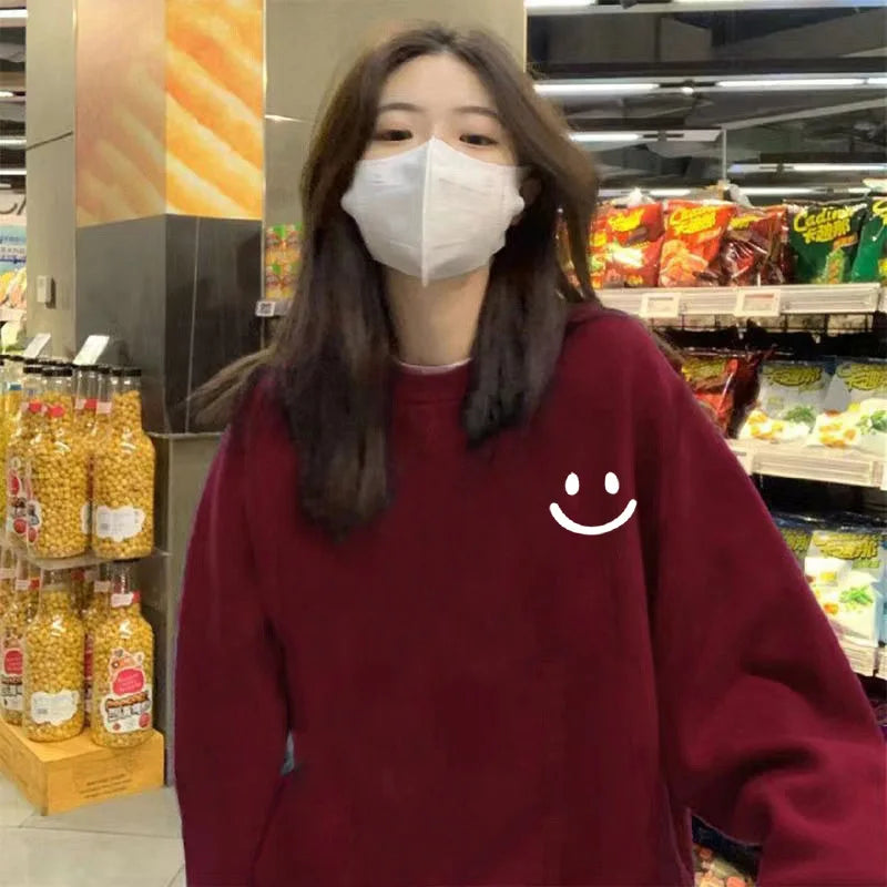 Smiley Face Print Teddy Fleece Lined Sweatshirt