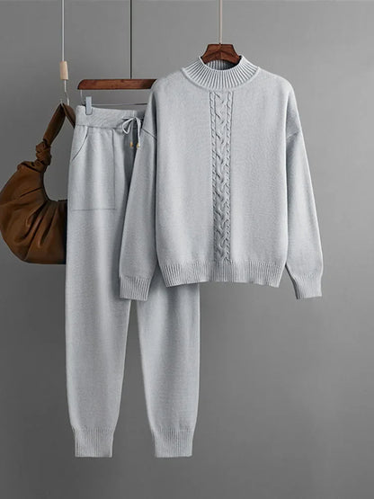 Fall Winter Sweater 2 Piece Sets Women Casual Half Turtleneck Knit Pullover Tops Conjuntos High Waist Harem Pants Suits