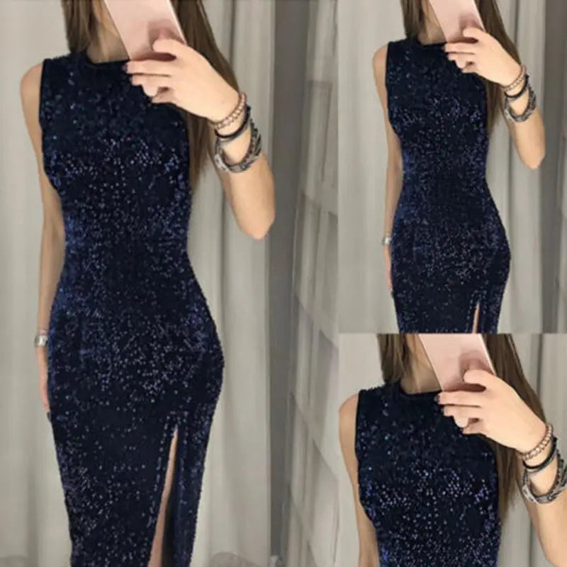 Glittering High-Waist Split Dress – Sleeveless Clubwear