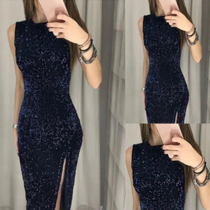 Glittering High-Waist Split Dress – Sleeveless Clubwear