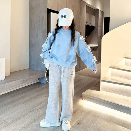 Top & Pants 2-Piece Set Bow Sweatshirt Girl Two Skirt Elementary Student Clothes Autumn Winter Outfit Children's Clothing Girls