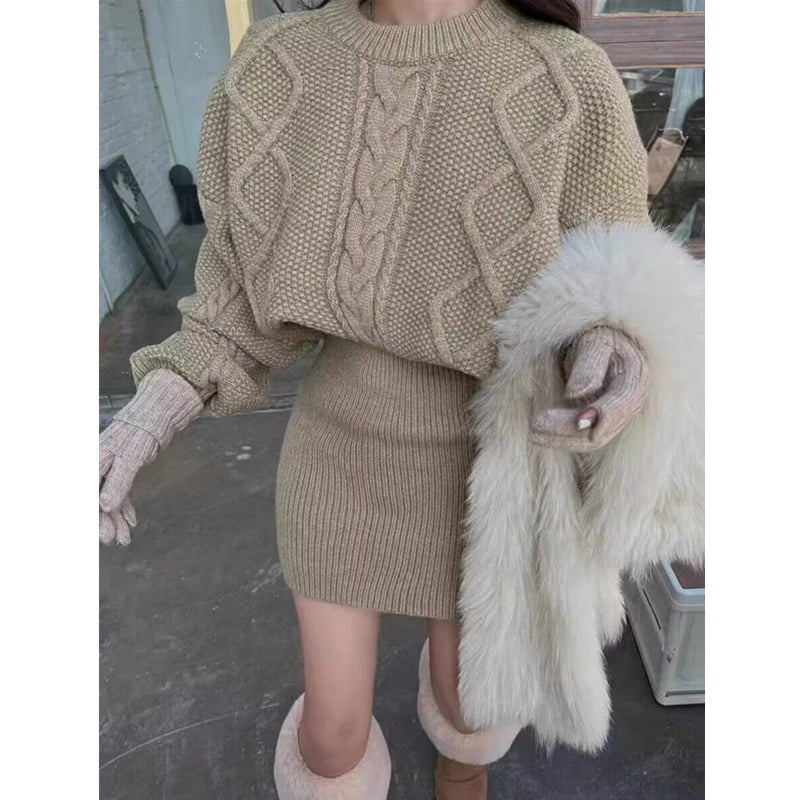 Autumn and Winter Women's Sweater Set Elegant Round Neck Pullover, Long-sleeved Top and Knee Skirt Knitted Two-piece Set.