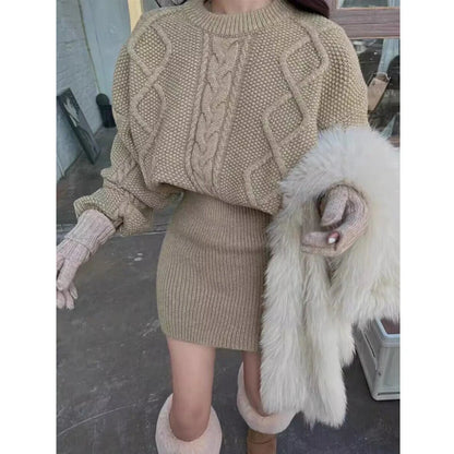 Autumn and Winter Women's Sweater Set Elegant Round Neck Pullover, Long-sleeved Top and Knee Skirt Knitted Two-piece Set.
