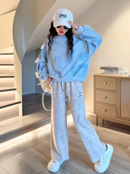 Top & Pants 2-Piece Set Bow Sweatshirt Girl Two Skirt Elementary Student Clothes Autumn Winter Outfit Children's Clothing Girls