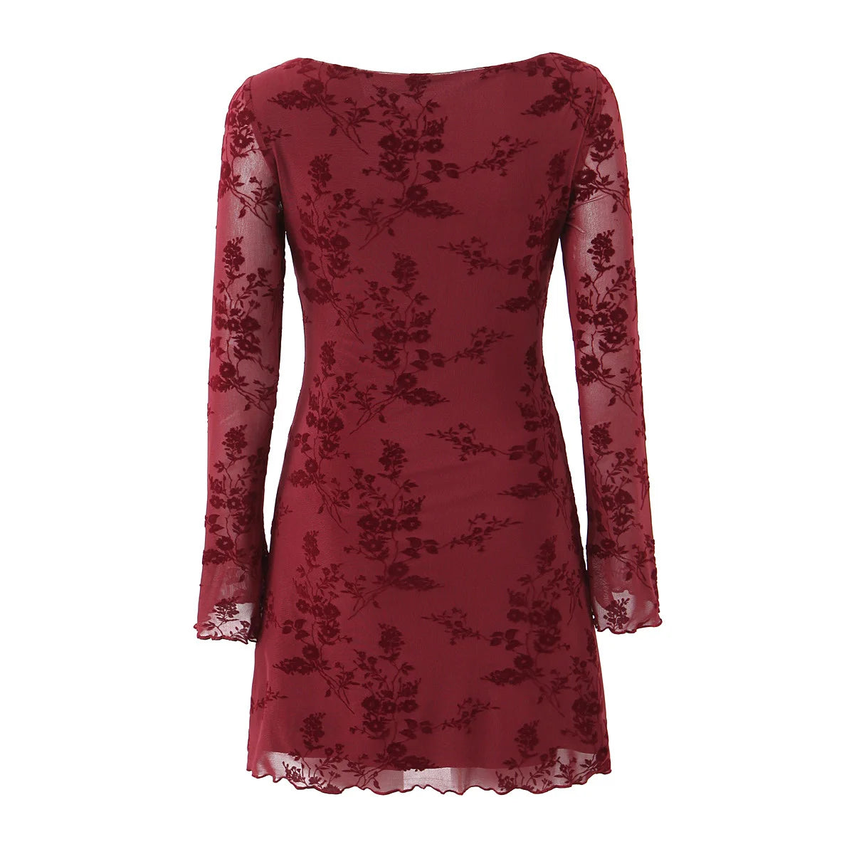 Luxury Wine Red Flocked Flower Mesh Mini Dress