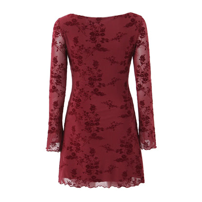Luxury Wine Red Flocked Flower Mesh Mini Dress
