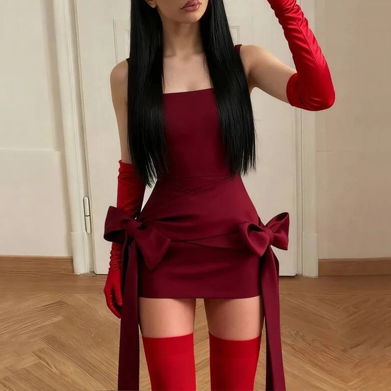 Red Sleeveless Backless Bow Dress