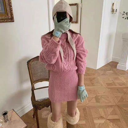 Autumn and Winter Women's Sweater Set Elegant Round Neck Pullover, Long-sleeved Top and Knee Skirt Knitted Two-piece Set.