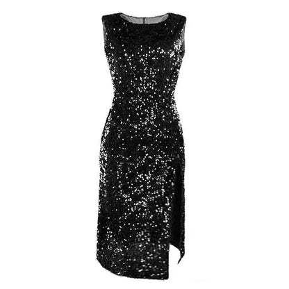 Glittering High-Waist Split Dress – Sleeveless Clubwear
