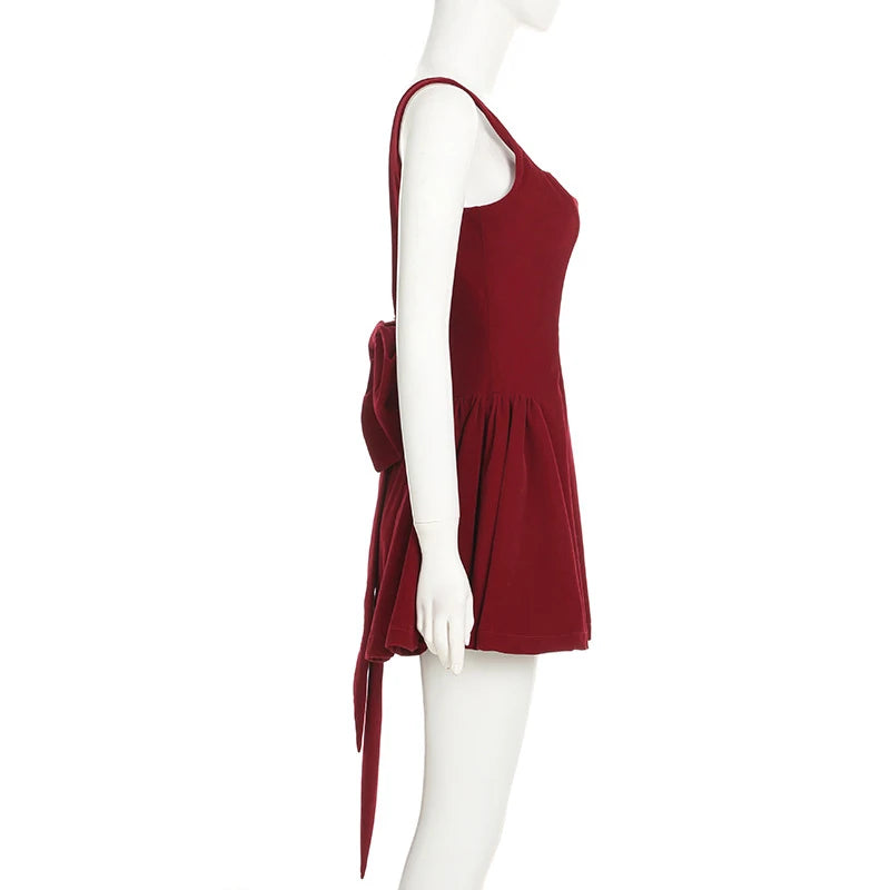 Red Sleeveless Backless Bow Dress