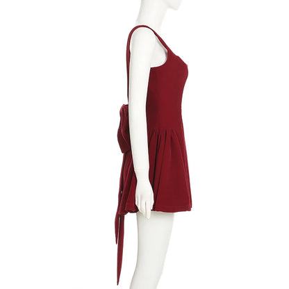 Red Sleeveless Backless Bow Dress