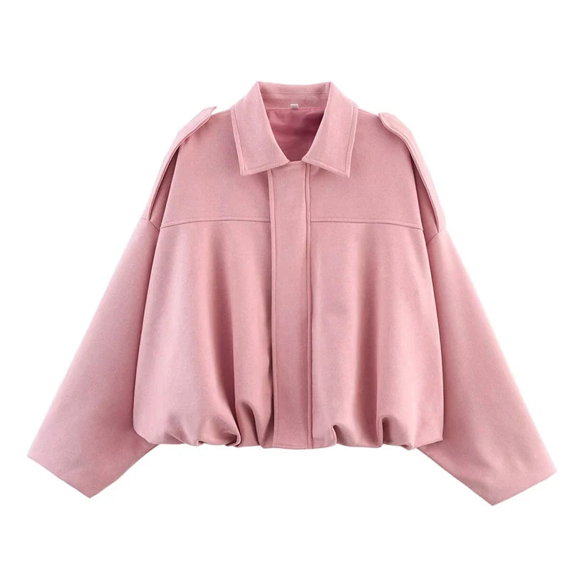 RAFZNB Women's Bomber Jackets Coats Fashion Turn-down Collar Long Sleeve Loose Coats Vintage Female Outerwear Chic Tops