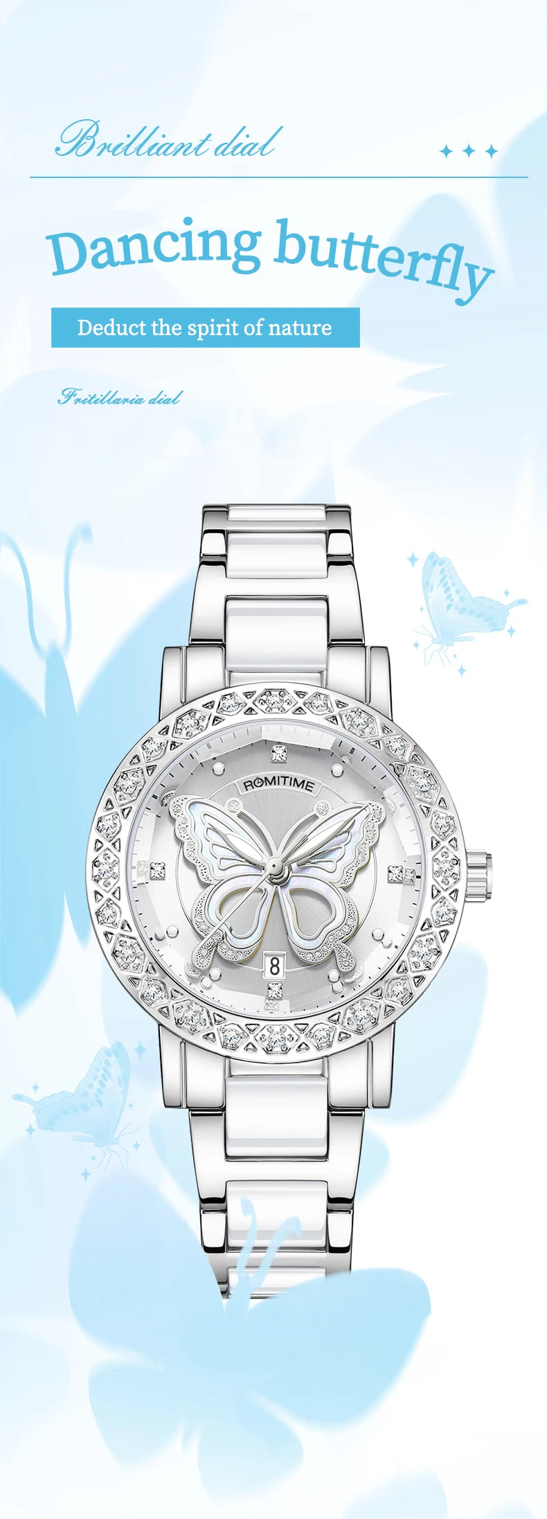 ROMITIME Women Quartz Watch Luxury Butterfly Pattern Rhinestone-Encrusted Bezel Stainless Steel Case 30M Waterproof Watches Lady