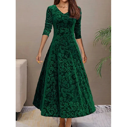Elegant Velvet Midi Dress – Round Neck Long Sleeve Knee-Length Dress