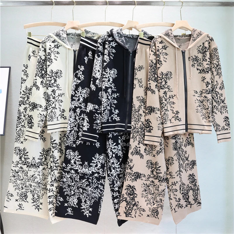 Winter Two Piece Sets Women Tracksuit Knitted Suit Autumn Trouser Suits Female Cardigan Sweater Solid Sports Hoodie Sportswear