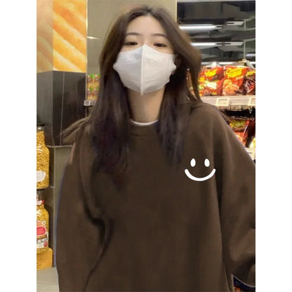 Smiley Face Print Teddy Fleece Lined Sweatshirt