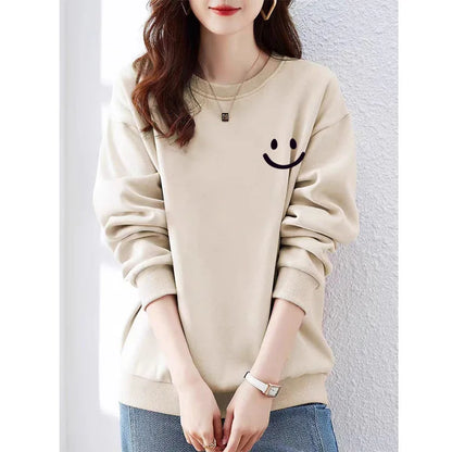 Smiley Face Print Teddy Fleece Lined Sweatshirt