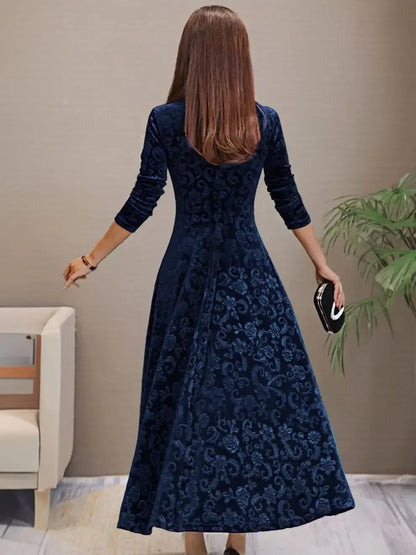 Elegant Velvet Midi Dress – Round Neck Long Sleeve Knee-Length Dress
