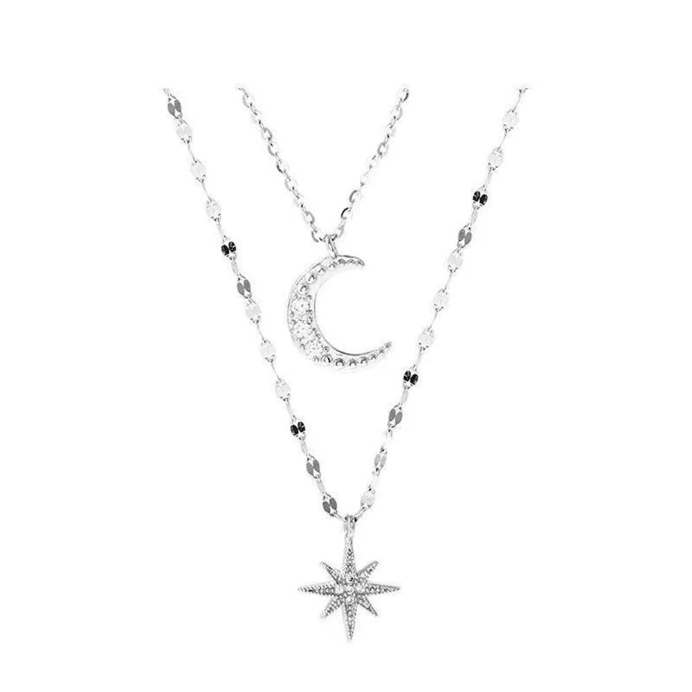 2023 Simple Double Layer Star Moon Charm  Multilayered Necklace Delicate Clavicle Chain Zircon For Women Fashion Jewelry A0459